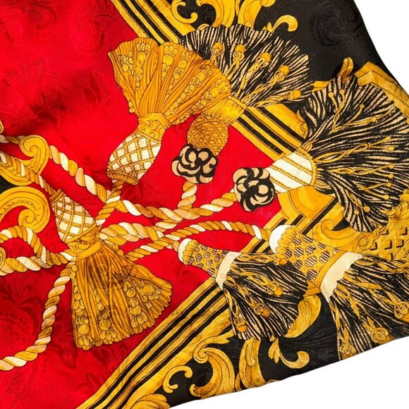 Liz Claiborne vintage silk red black gold  Baroque tassels scarf - Picture 6 of 7